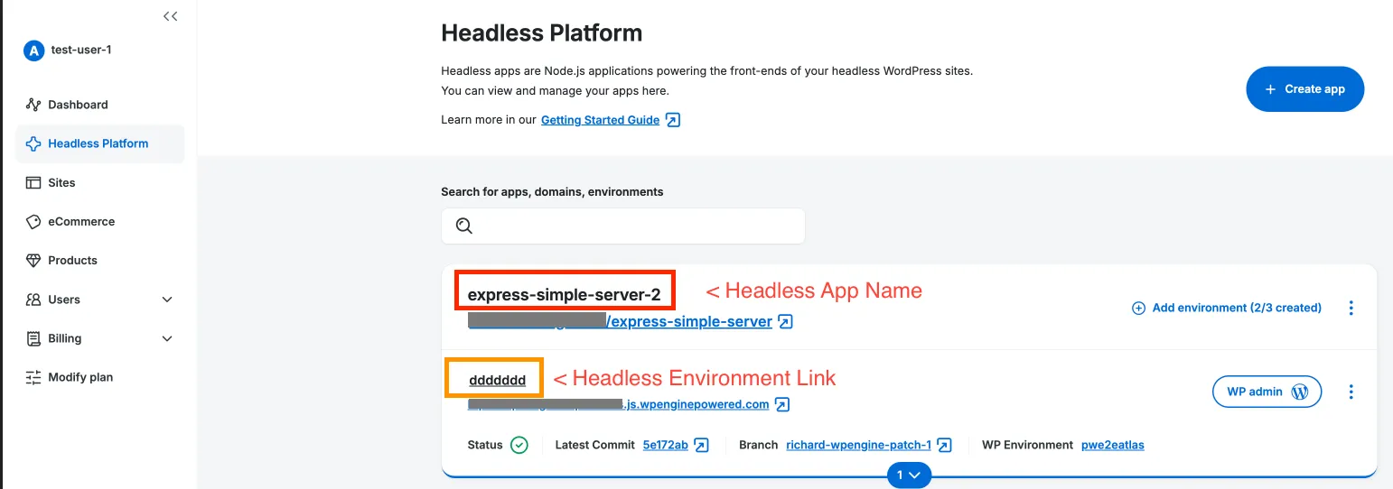 Select an app’s environment link to visit it’s Environment Details page