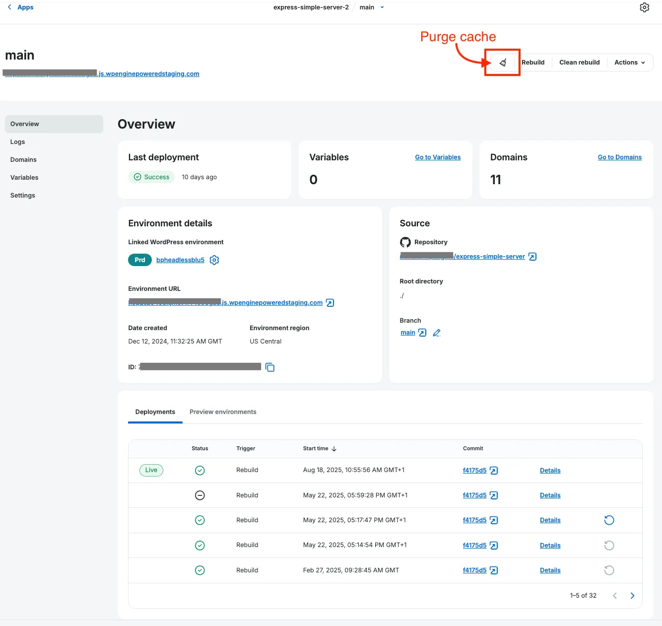 Environment Overview panel for Headless Platform app’s environment with clean rebuild and domains cache highlighted